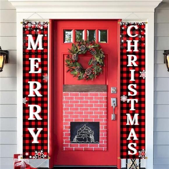 Christmas Decorations Outdoor Yard Sign Set -Red Black Buffalo Plaid Door Banner - Picture 7 of 8